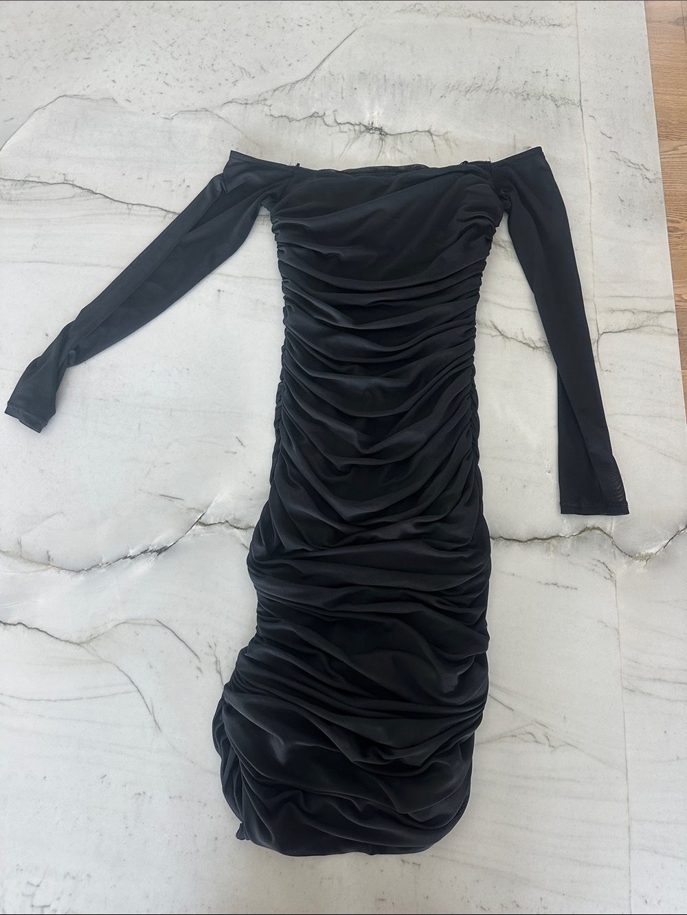 AFRM Black Off-Shoulder Ruched Long Sleeve Dress